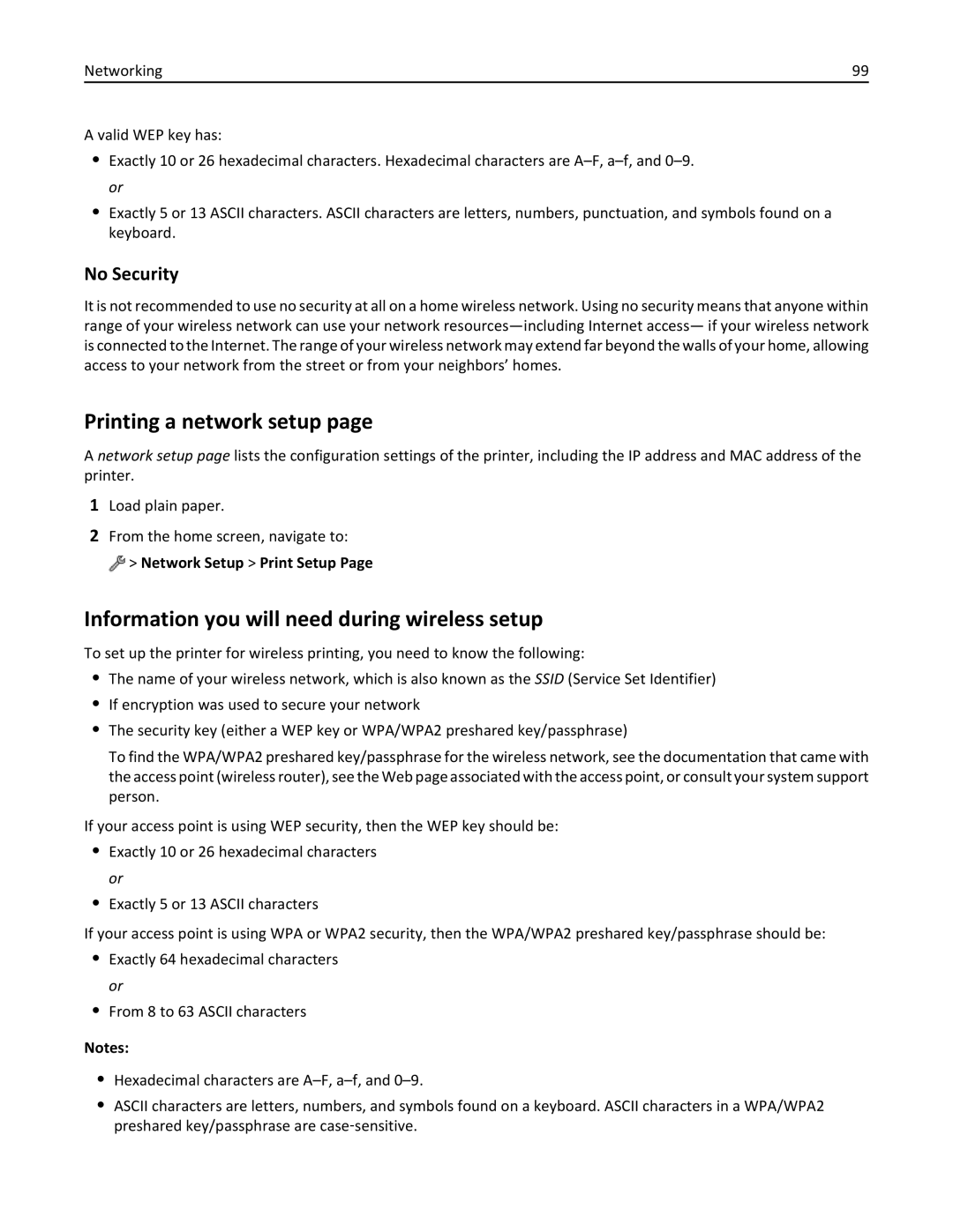 Lexmark 200, 20E manual Printing a network setup, Information you will need during wireless setup, No Security 