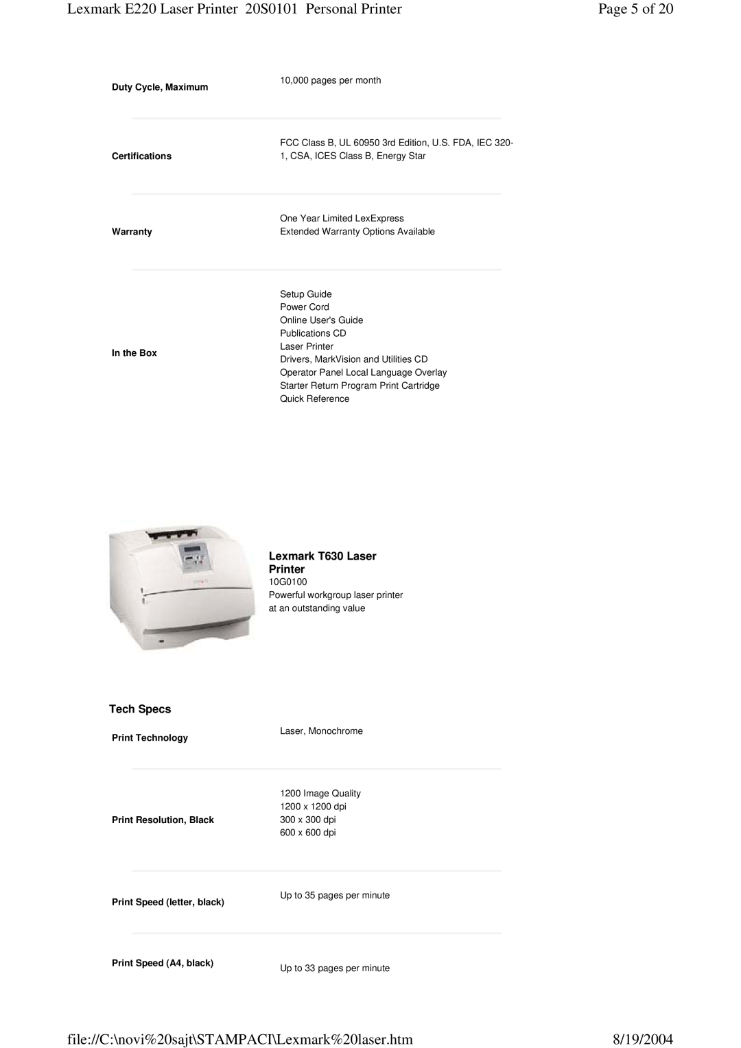 Lexmark 220 manual Page 5 of, Lexmark T630 Laser Printer, 8/19/2004, Tech Specs 