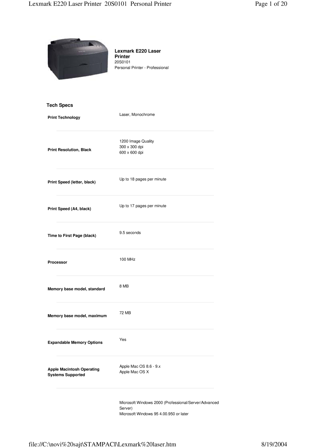 Lexmark 220 manual Print Technology, Print Resolution, Black, Print Speed letter, black, Print Speed A4, black, Processor 