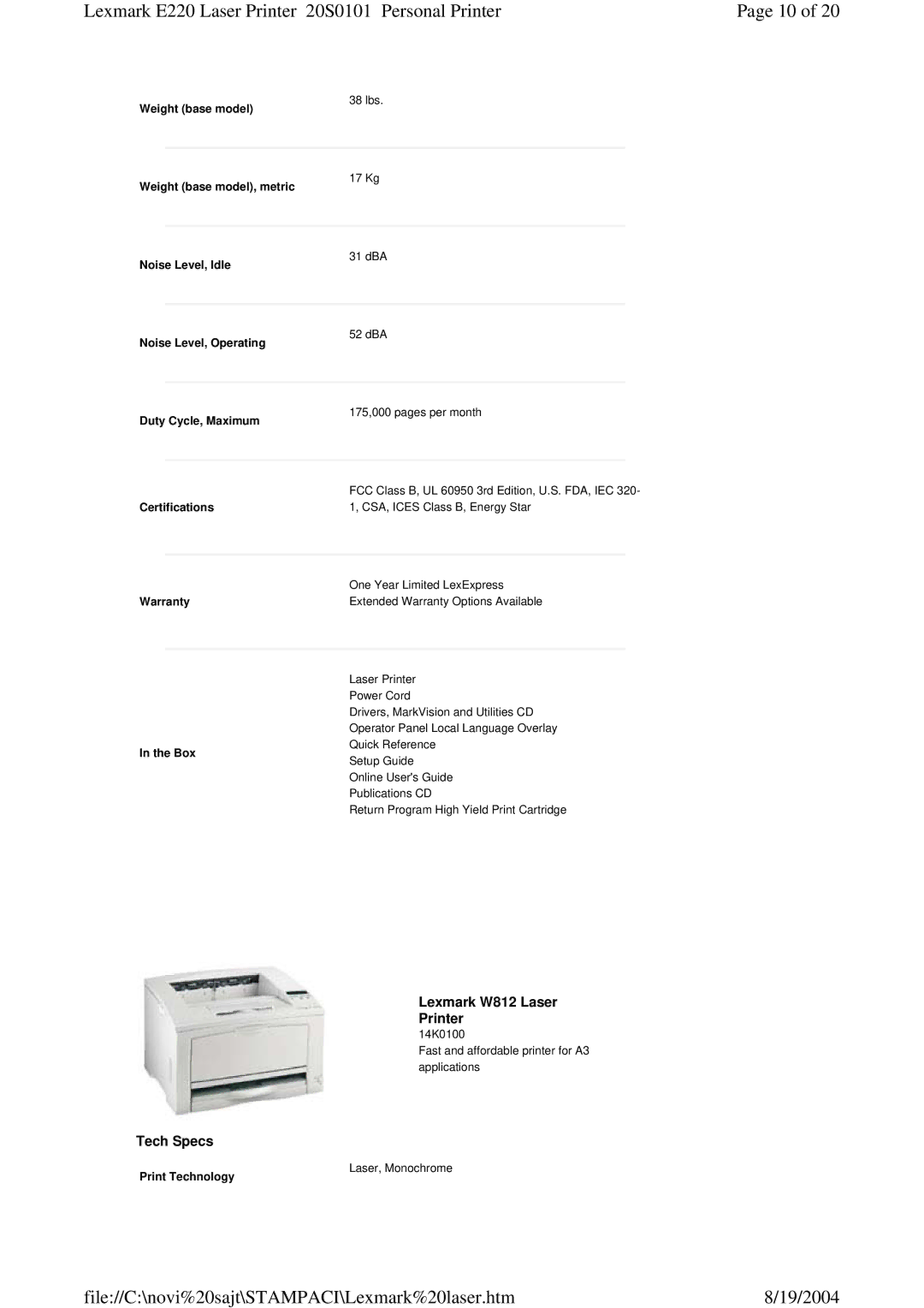 Lexmark 220 manual Weight base model, BoxSetup Guide 