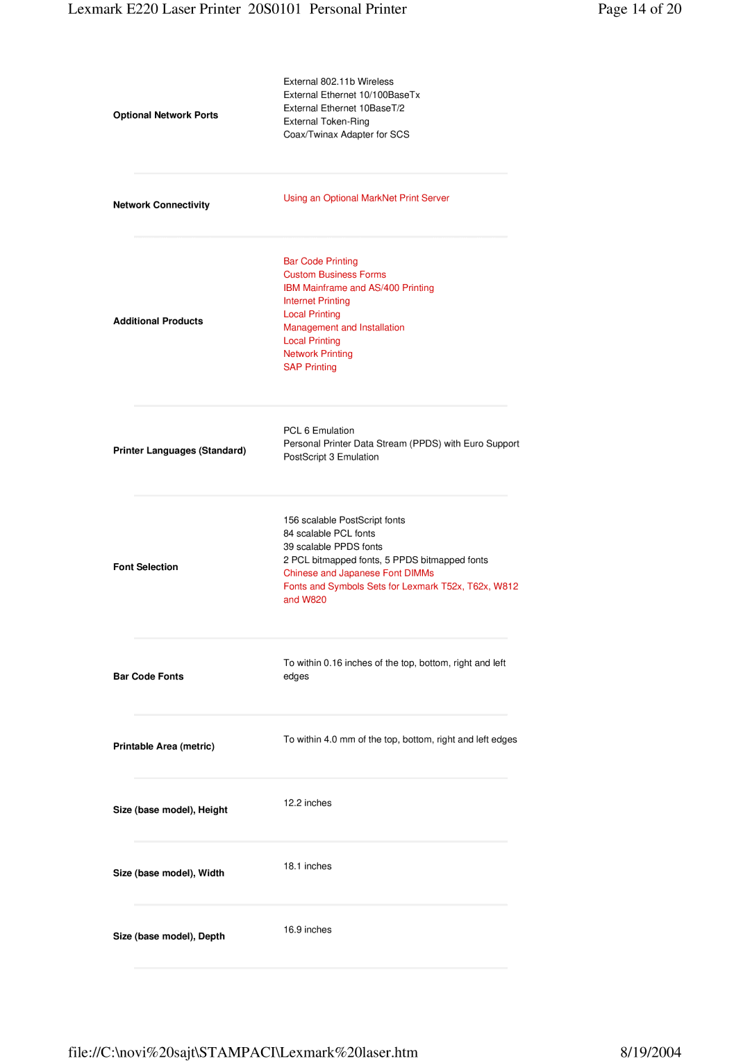 Lexmark 220 manual Printer Languages Standard, Bar Code Fonts 