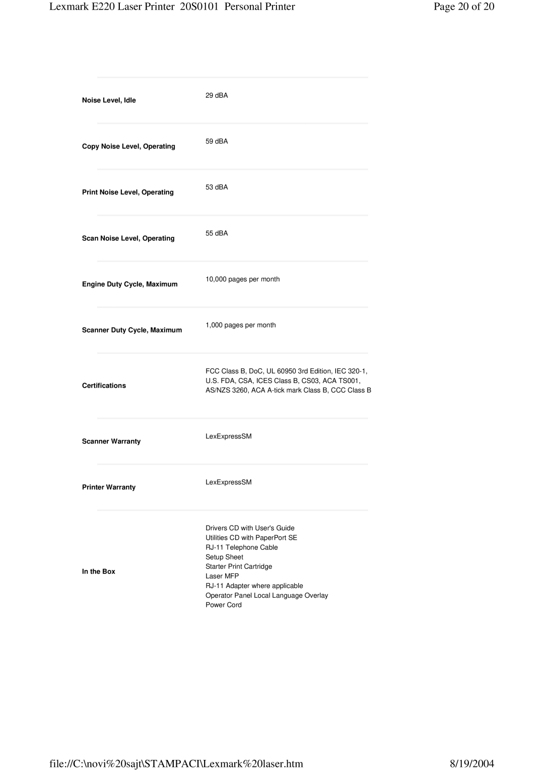 Lexmark 220 manual Copy Noise Level, Operating, Print Noise Level, Operating, Scan Noise Level, Operating, Scanner Warranty 