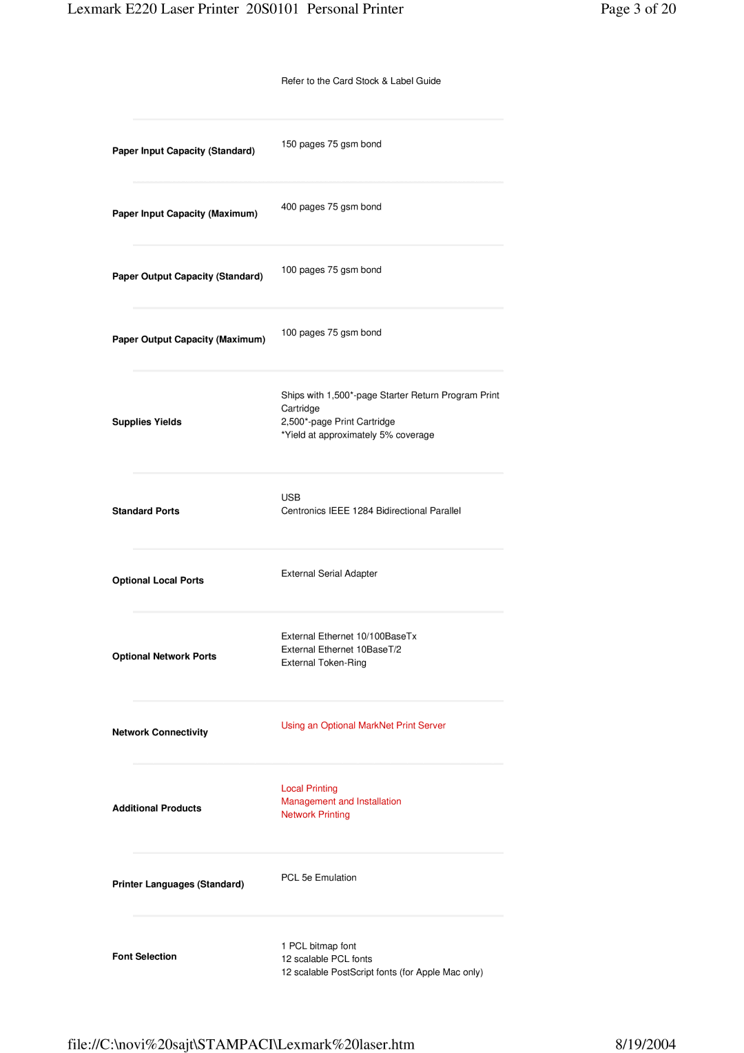 Lexmark 220 Paper Input Capacity Standard, Paper Input Capacity Maximum, Paper Output Capacity Standard, Supplies Yields 
