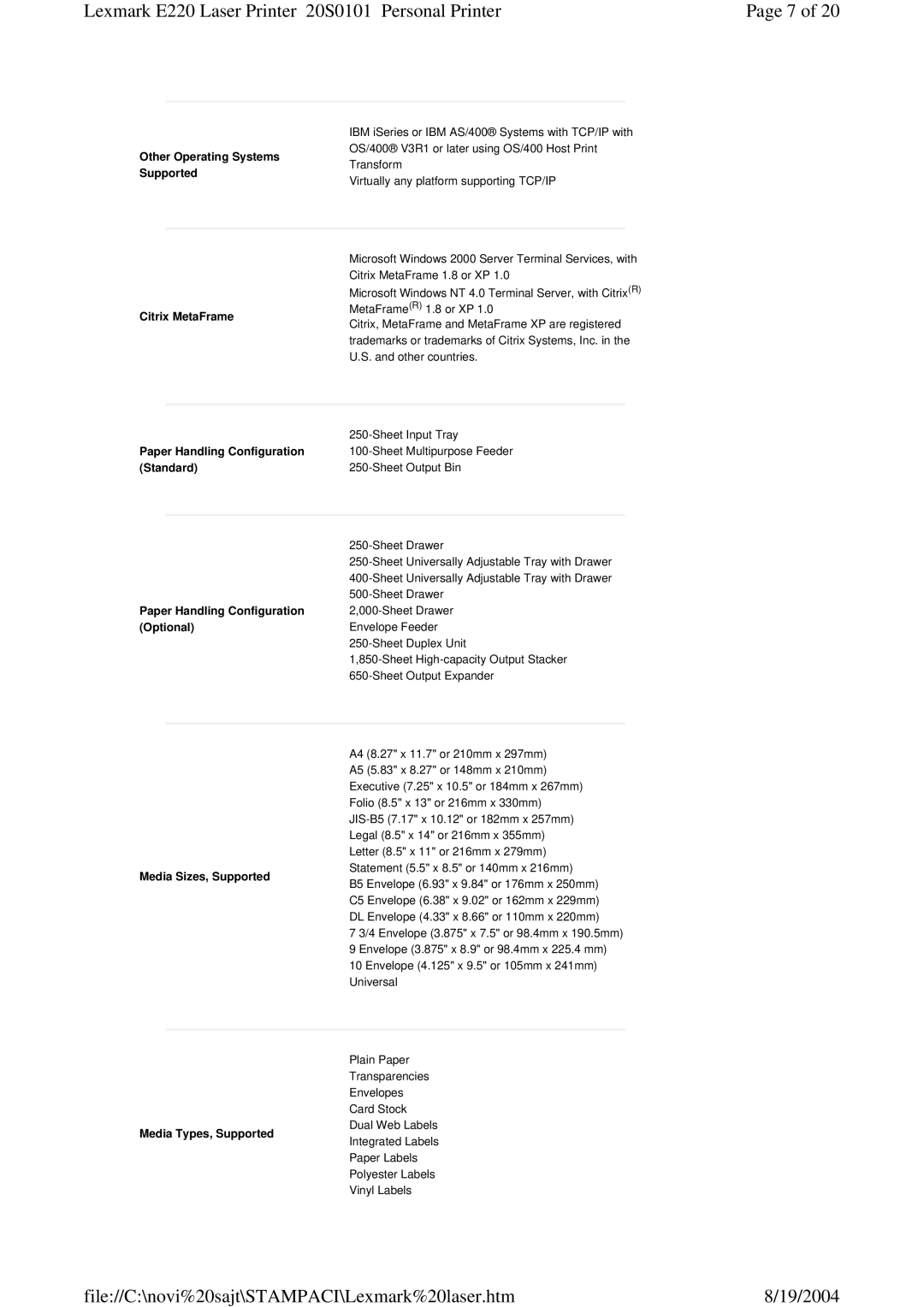 Lexmark 220 manual Other Operating Systems Supported, Media Types, SupportedIntegrated Labels 