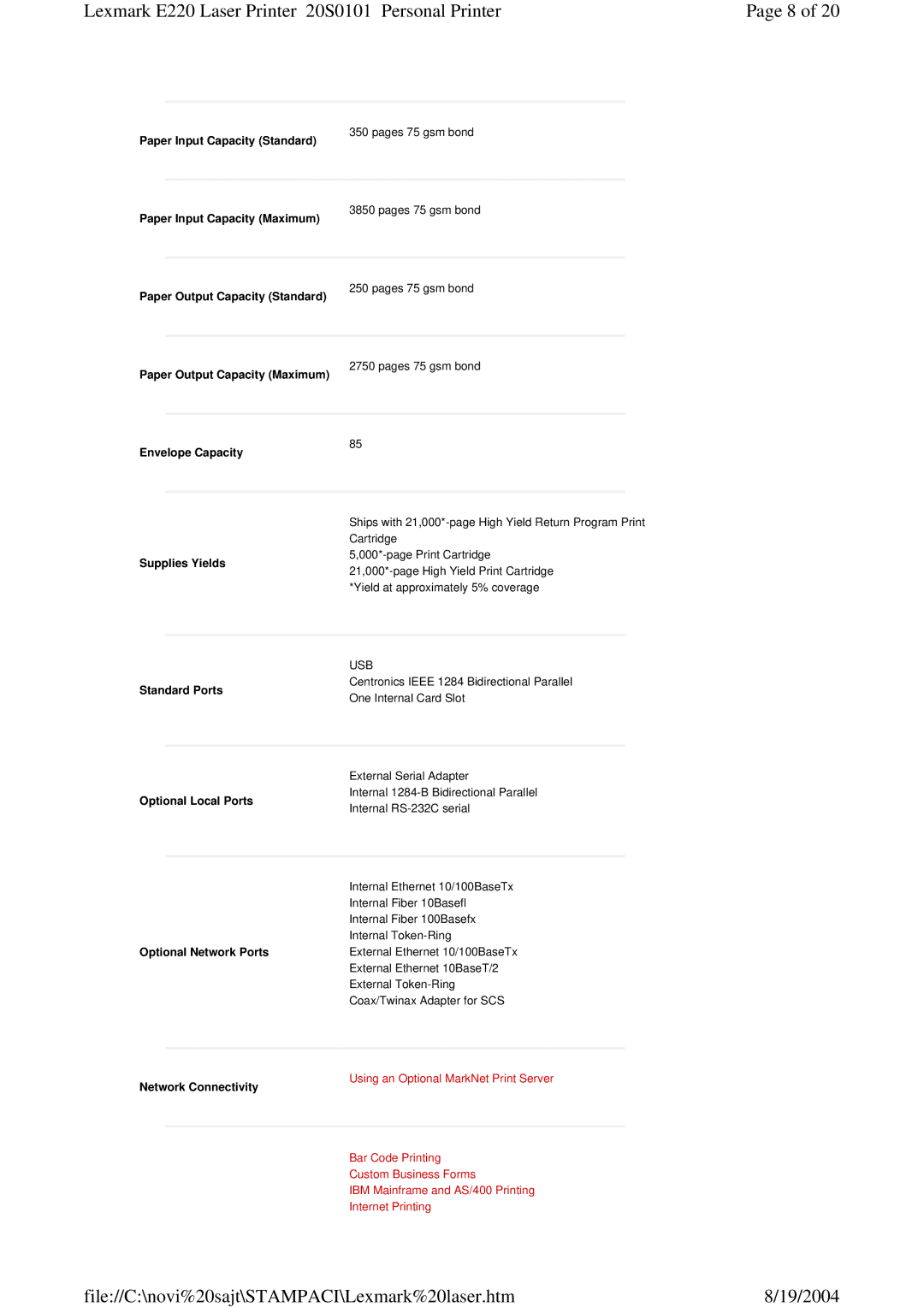 Lexmark 220 manual Paper Input Capacity Standard, Envelope Capacity 