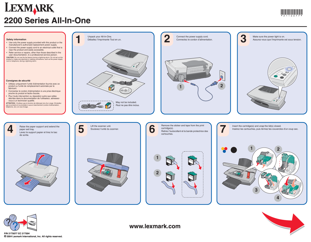 Lexmark 2200 manual Safety information, Consignes de sécurité, P/N 21T0077 EC 21T004, Series All-In-One 
