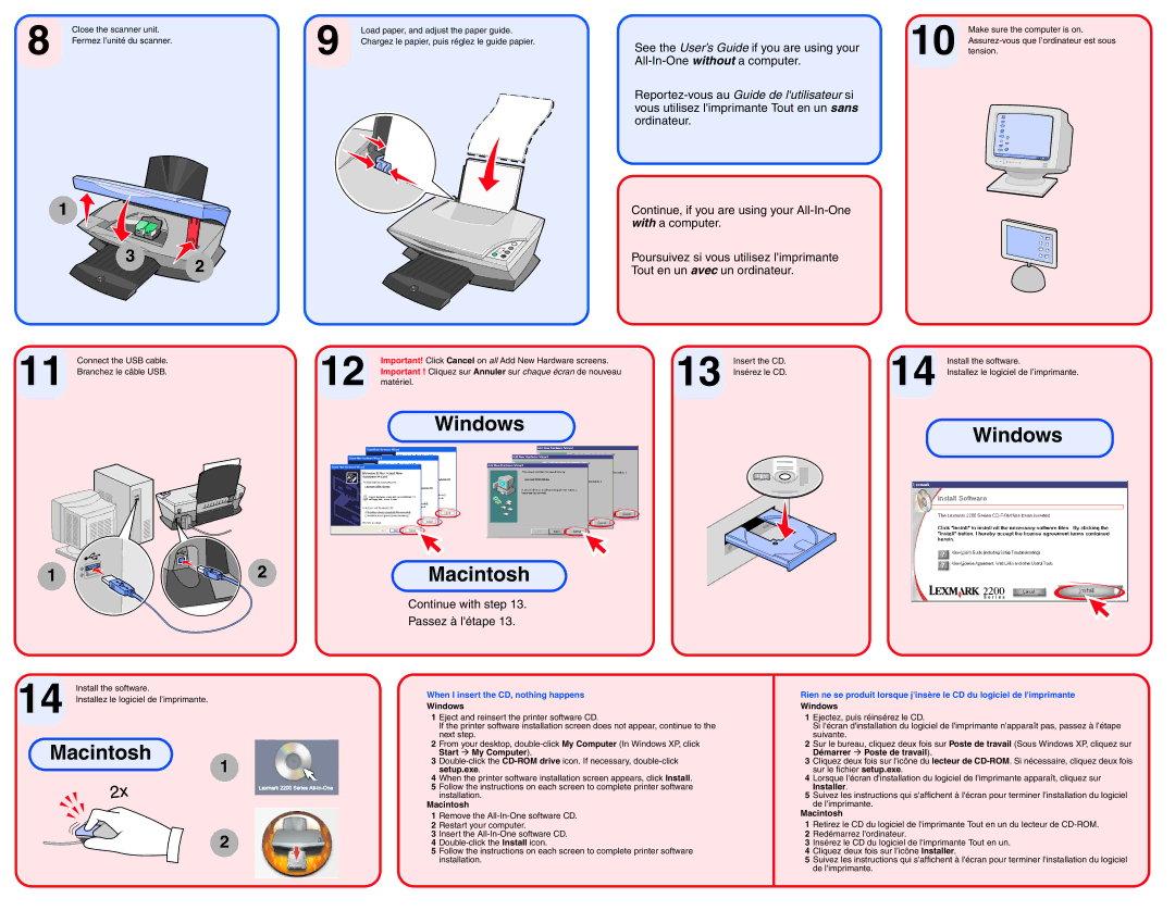 Lexmark 2200 manual Windows Macintosh, When I insert the CD, nothing happens 