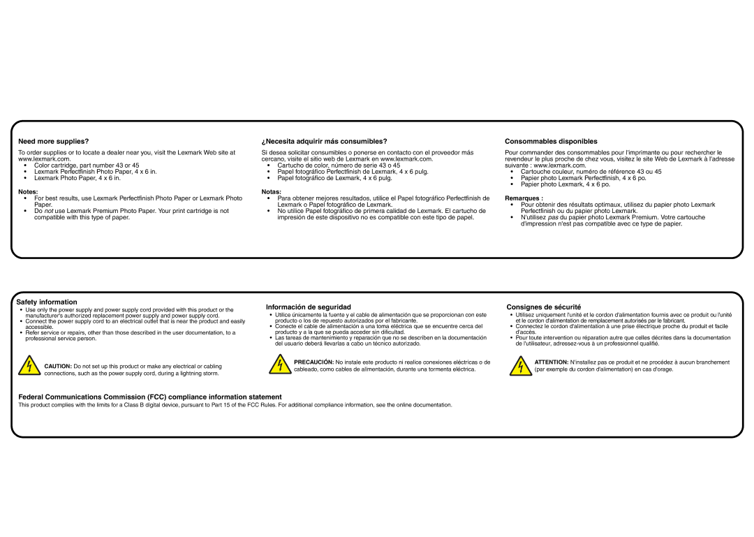 Lexmark 22W0310 Need more supplies?, ¿Necesita adquirir más consumibles?, Consommables disponibles, Safety information 