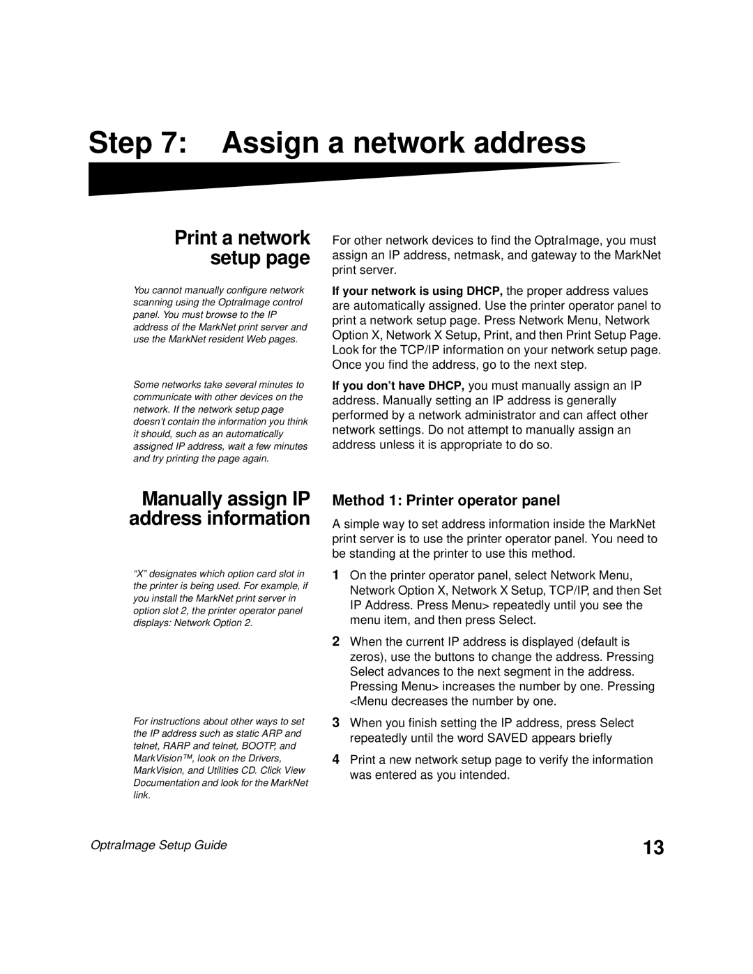 Lexmark 242, 232 setup guide Assign a network address, Print a network setup, Manually assign IP address information 