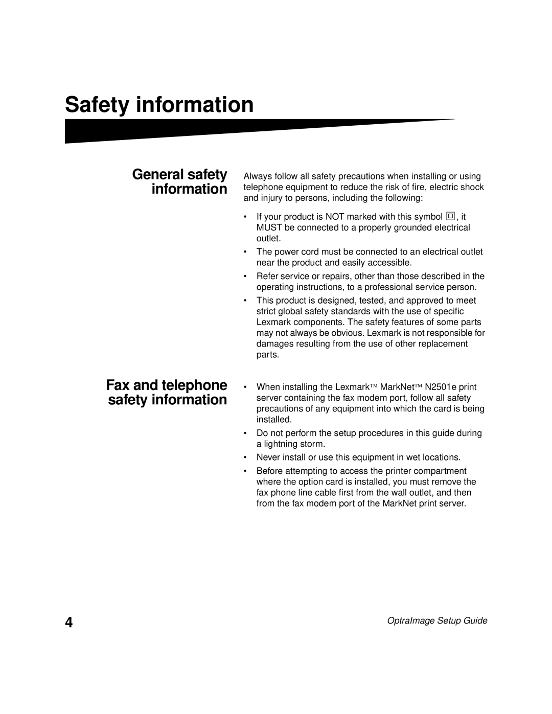 Lexmark 232, 242 setup guide Safety information, General safety information, Fax and telephone safety information 