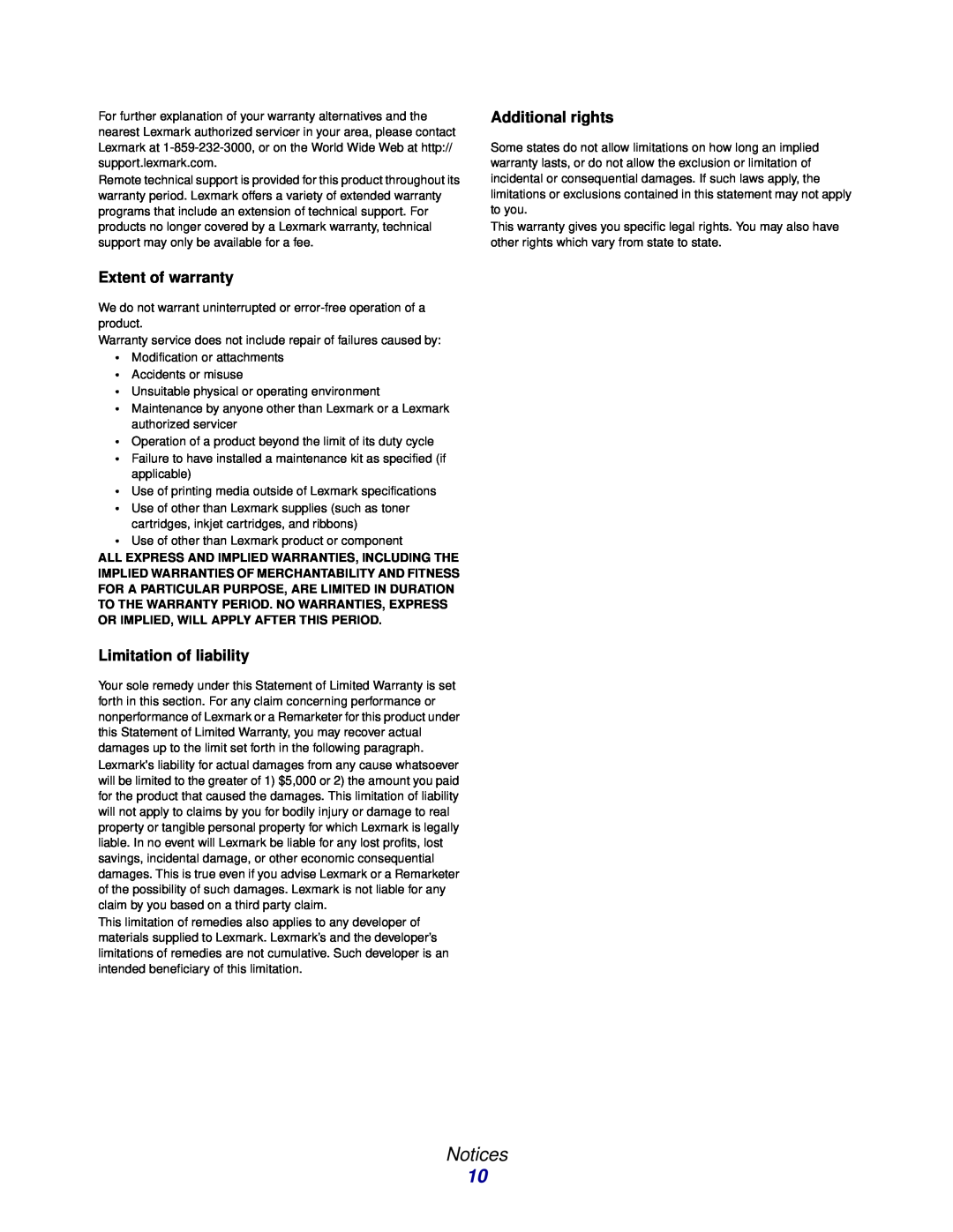 Lexmark E332n, 232, 230 manual Notices, Extent of warranty, Limitation of liability, Additional rights 