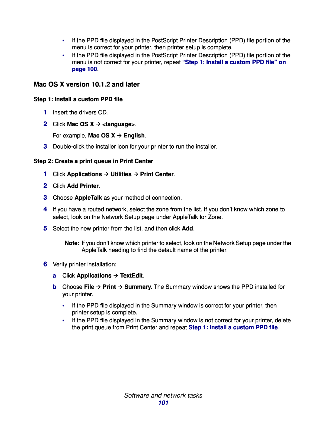 Lexmark 230, 232, E332n manual Software and network tasks, Install a custom PPD file, Create a print queue in Print Center 