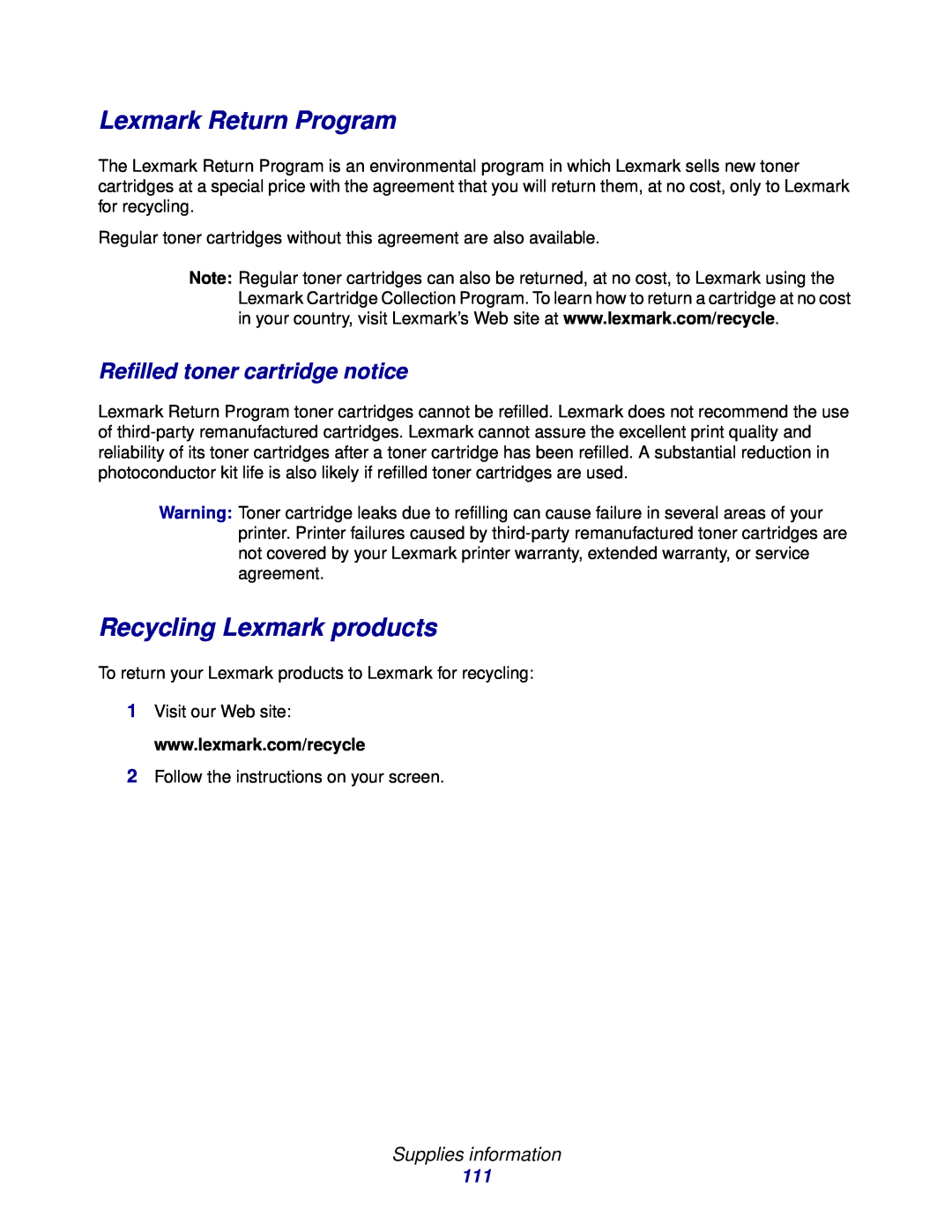 Lexmark 232, 230 Lexmark Return Program, Recycling Lexmark products, Refilled toner cartridge notice, Supplies information 