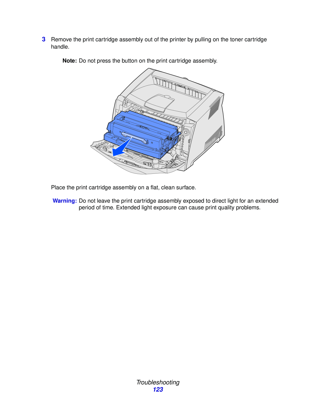 Lexmark 232, E332n, 230 manual Troubleshooting, Note Do not press the button on the print cartridge assembly 