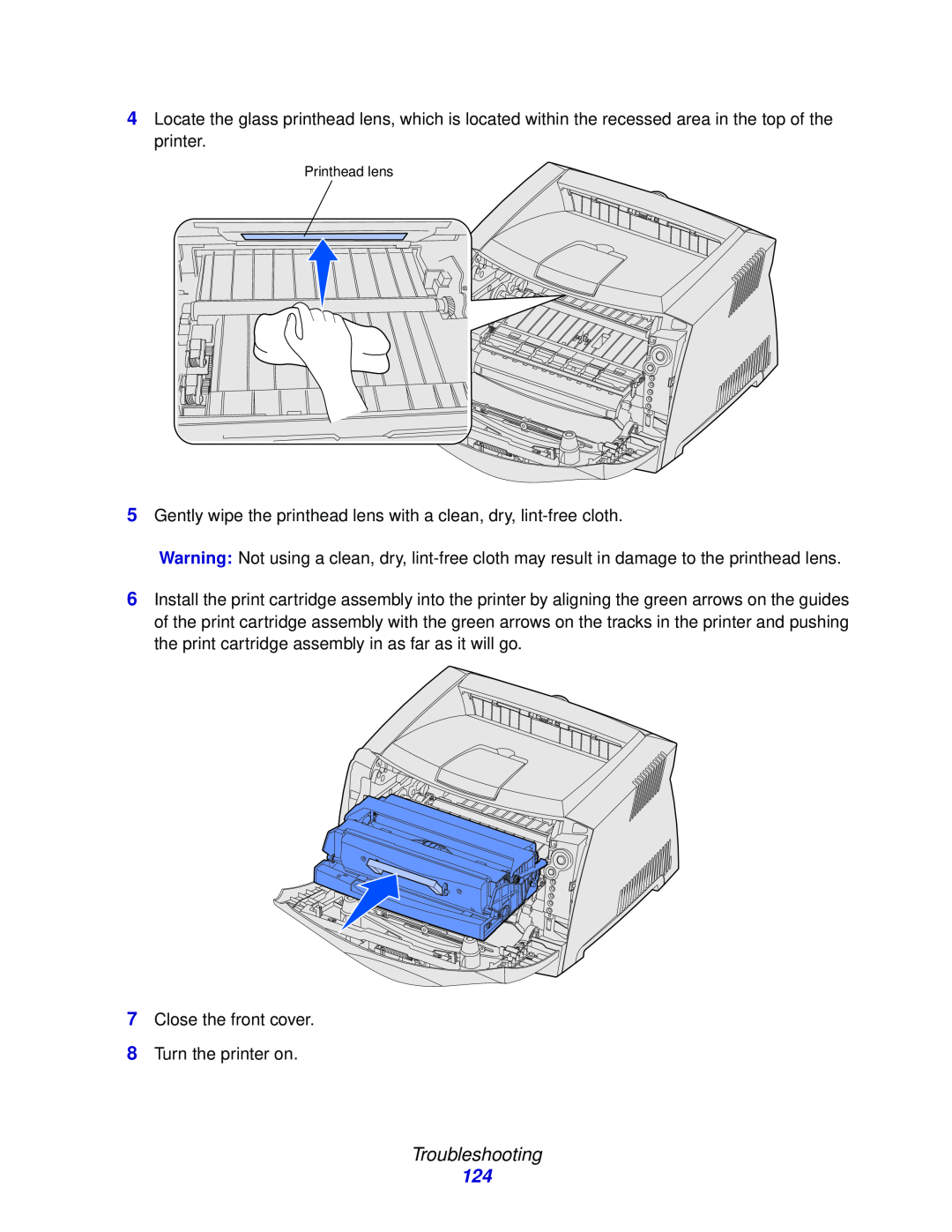 Lexmark E332n, 232, 230 manual Troubleshooting, Printhead lens 