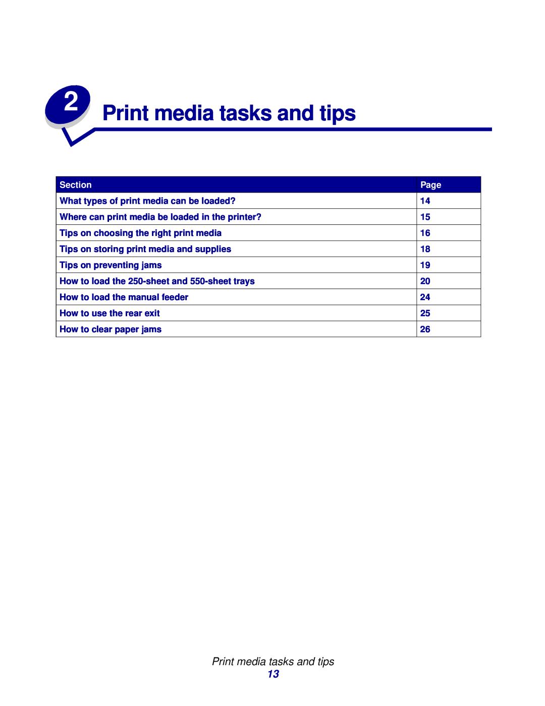 Lexmark E332n Print media tasks and tips, Section, Page, What types of print media can be loaded?, Tips on preventing jams 
