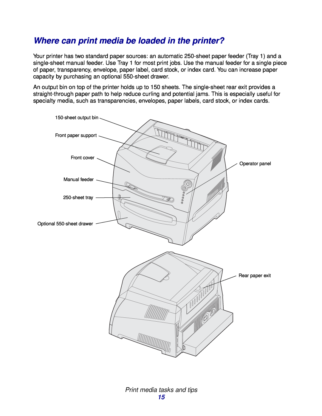 Lexmark 232, E332n, 230 manual Where can print media be loaded in the printer?, Print media tasks and tips 
