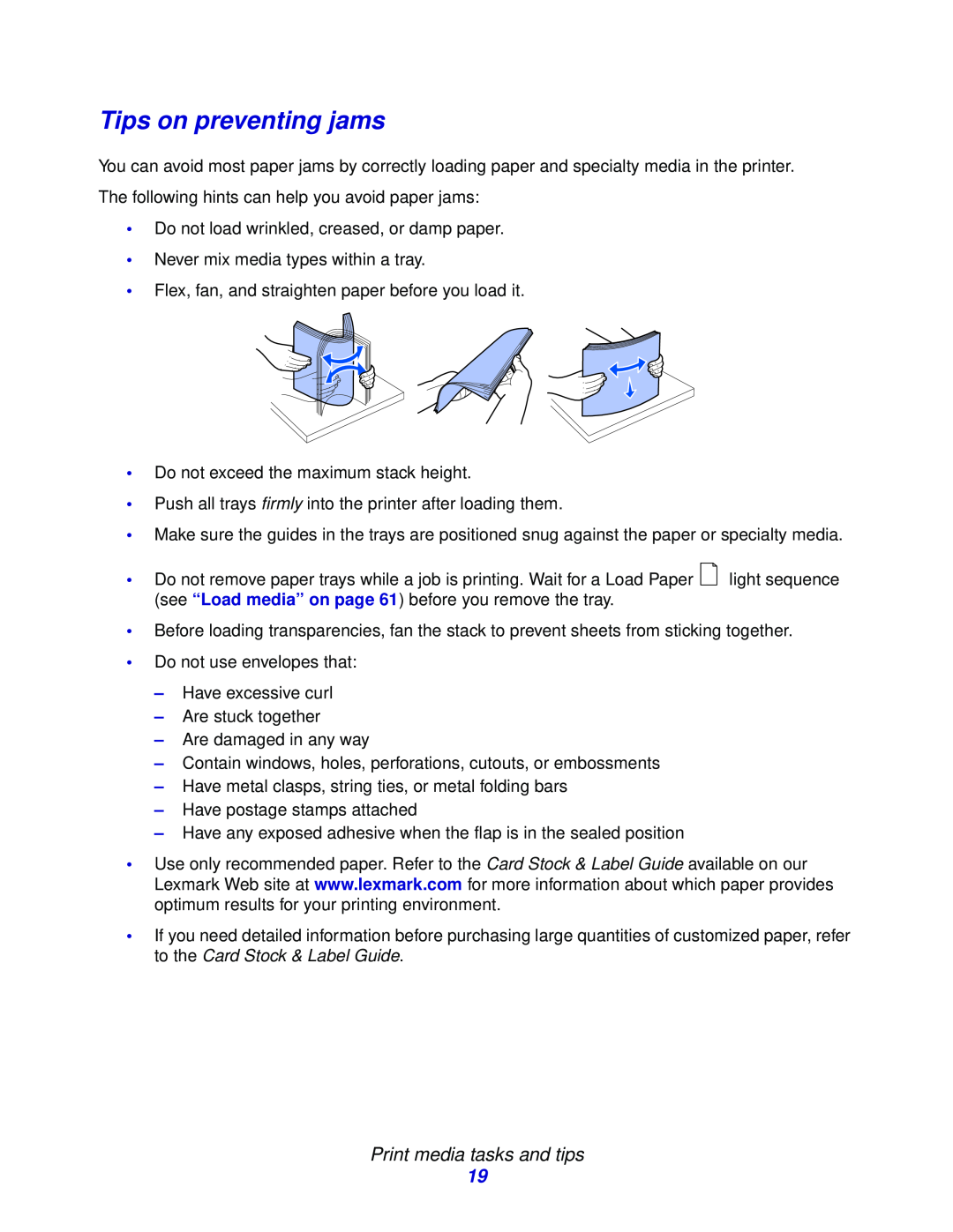 Lexmark E332n, 232, 230 manual Tips on preventing jams, Print media tasks and tips 