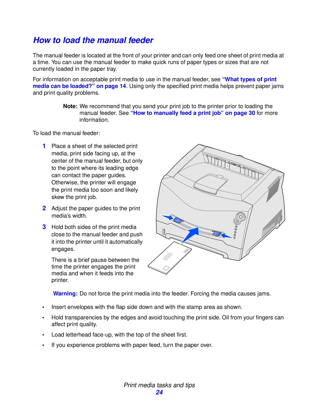 Lexmark 232, E332n, 230 How to load the manual feeder, Print media tasks and tips 