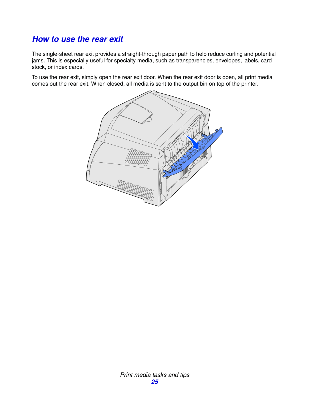 Lexmark E332n, 232, 230 manual How to use the rear exit, Print media tasks and tips 