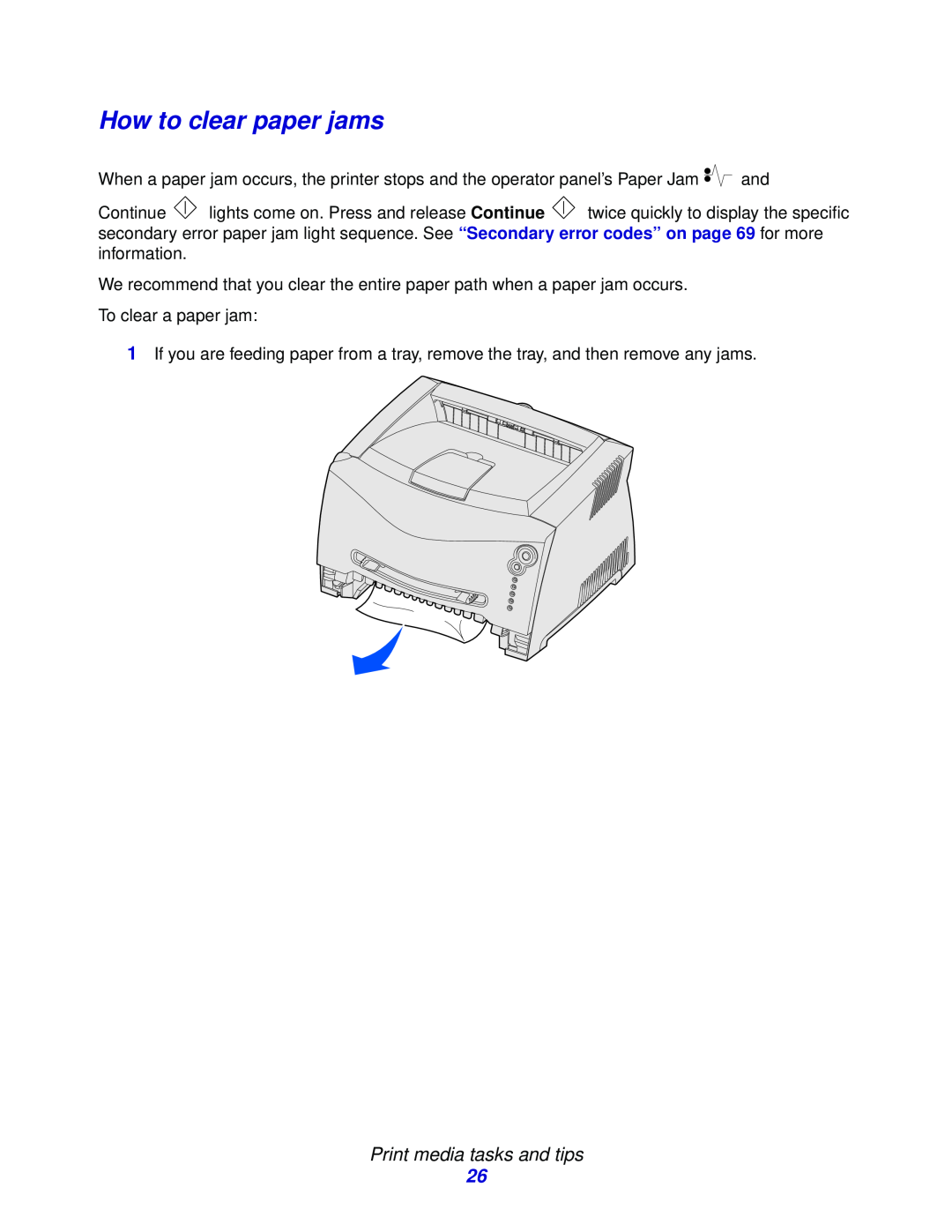 Lexmark 230, 232, E332n manual How to clear paper jams, Print media tasks and tips 