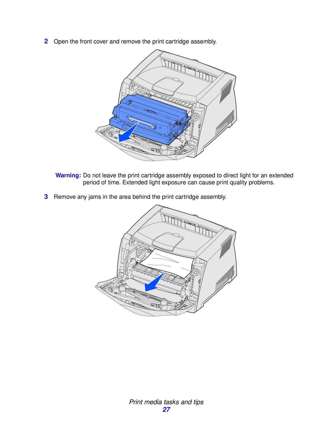 Lexmark 232, E332n, 230 manual Print media tasks and tips, Open the front cover and remove the print cartridge assembly 