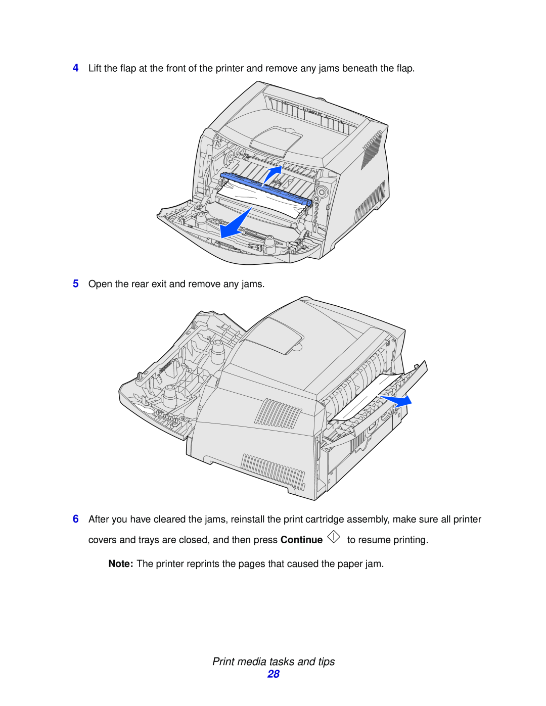 Lexmark E332n, 232, 230 manual Print media tasks and tips, Open the rear exit and remove any jams 