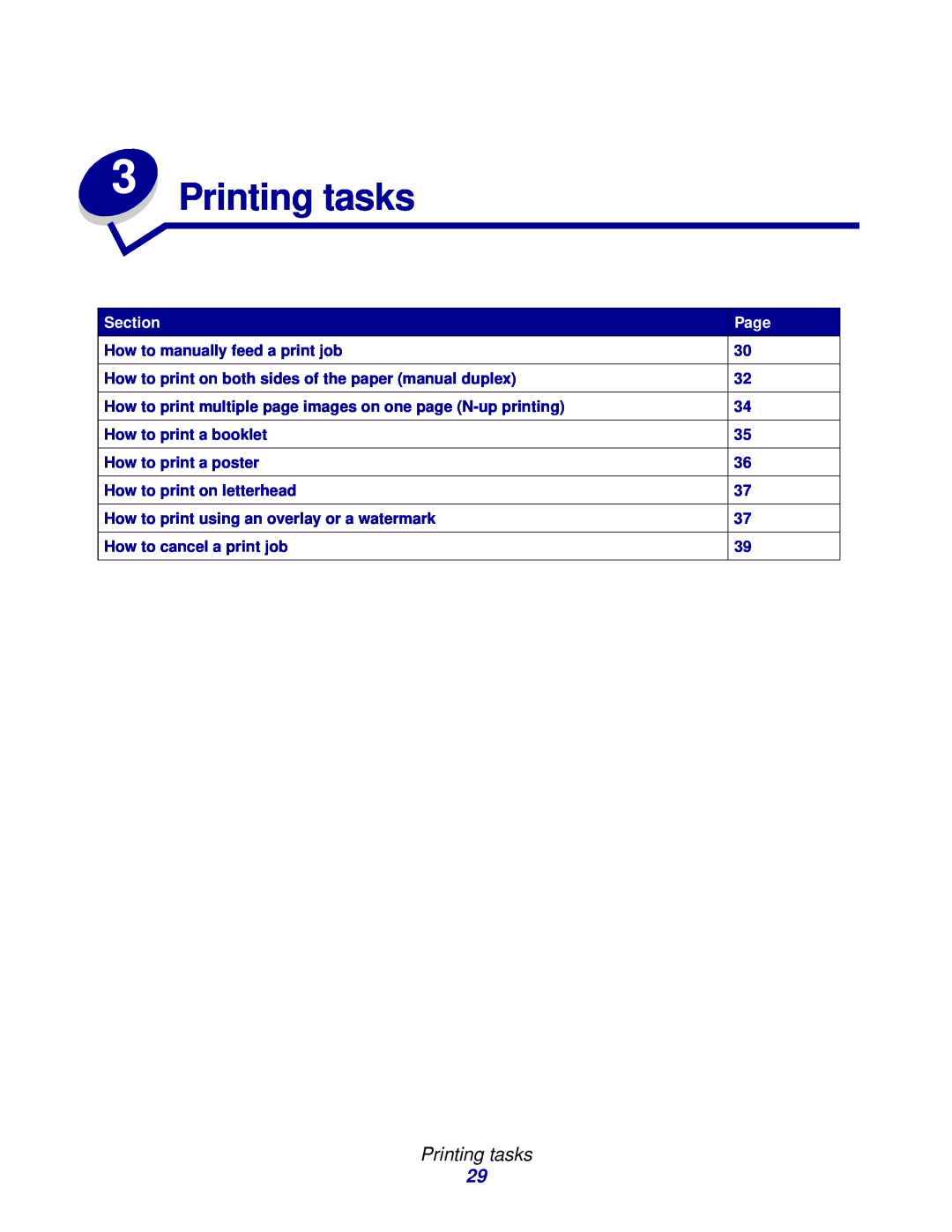 Lexmark 230 Printing tasks, Section, Page, How to manually feed a print job, How to print a booklet, How to print a poster 
