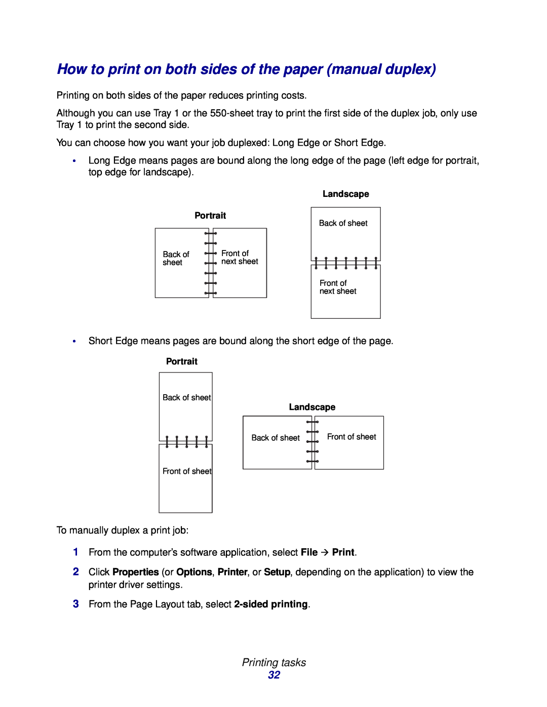 Lexmark 230, 232, E332n How to print on both sides of the paper manual duplex, Printing tasks, next sheet 