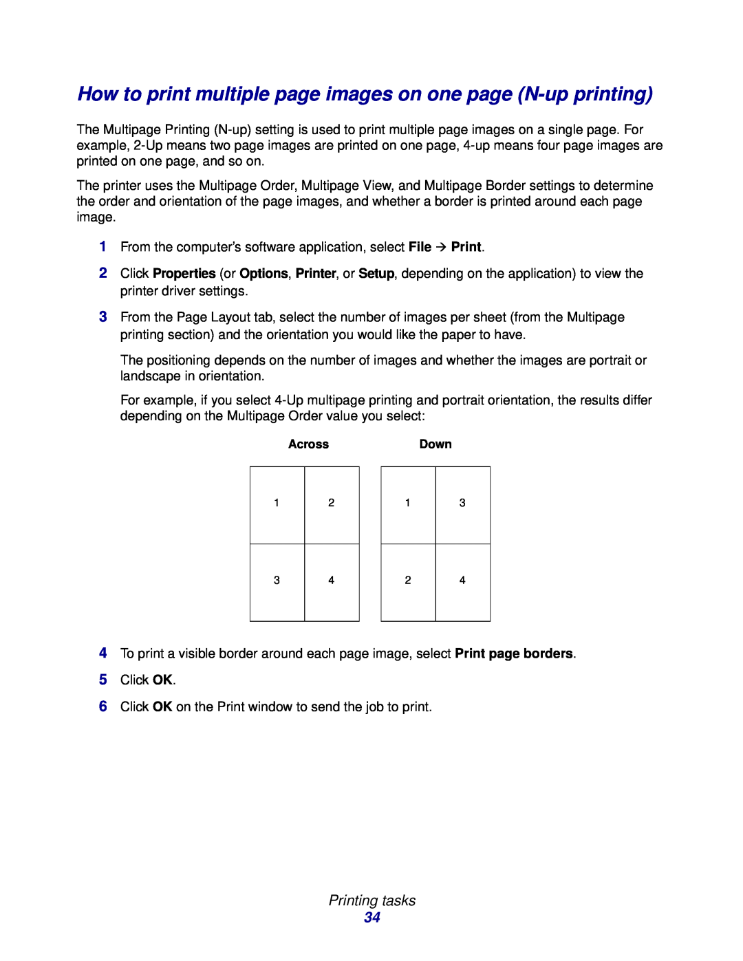 Lexmark E332n, 232, 230 manual How to print multiple page images on one page N-up printing, Printing tasks, AcrossDown 