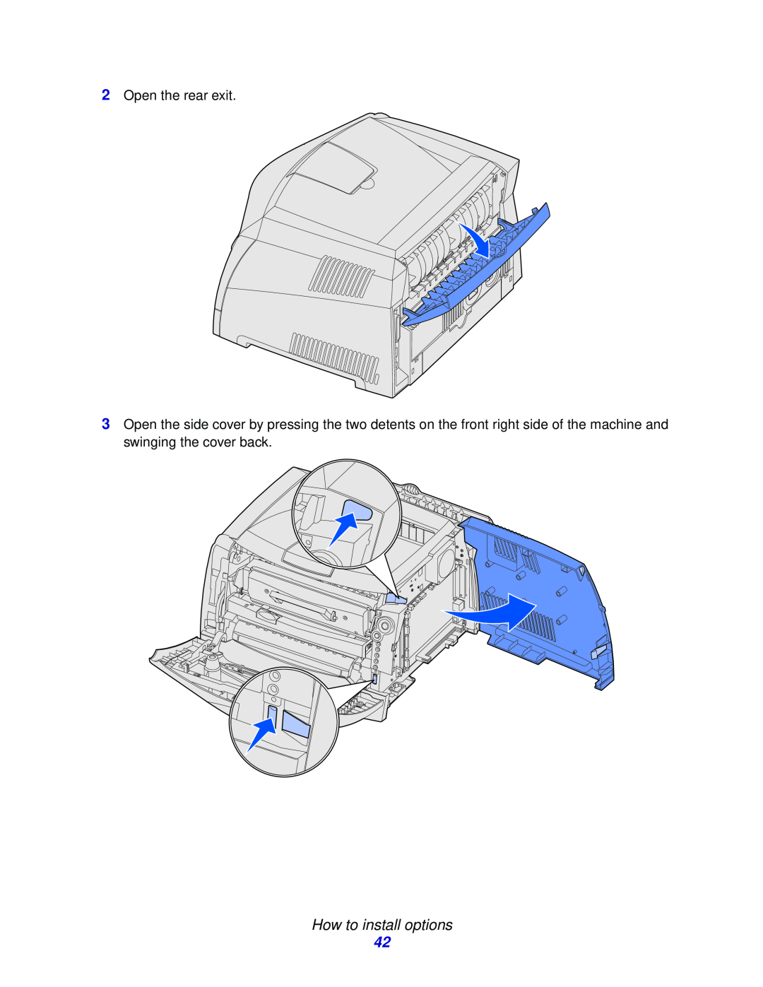 Lexmark 232, E332n, 230 manual How to install options, Open the rear exit 