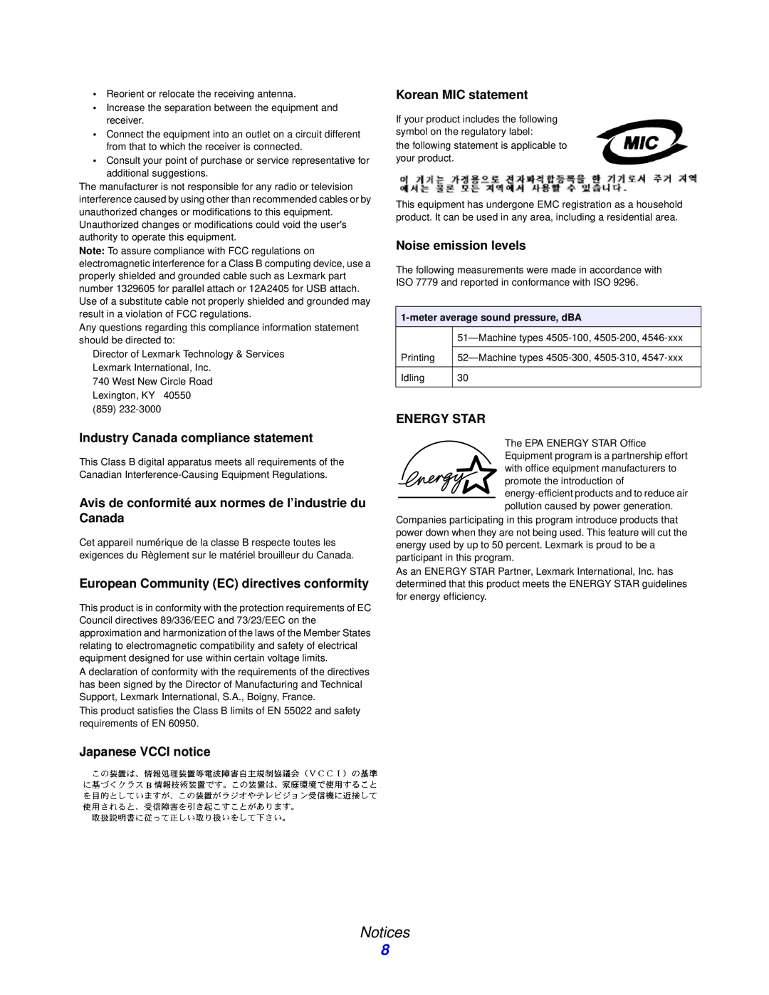 Lexmark 230, 232 Notices, Industry Canada compliance statement, Avis de conformité aux normes de l’industrie du Canada 