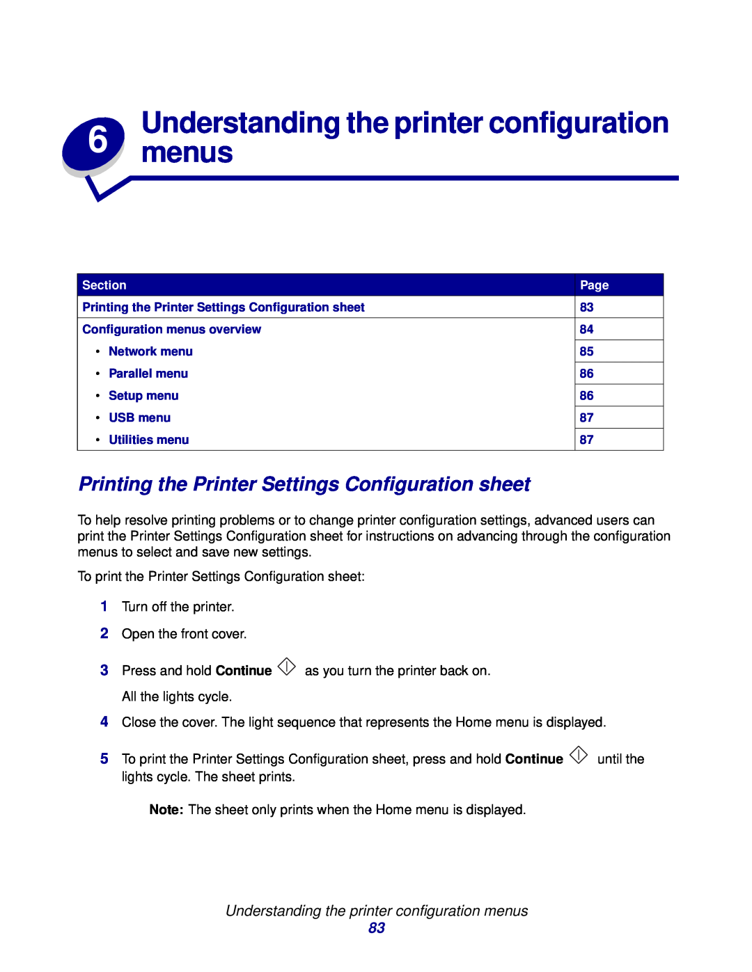 Lexmark 230, 232, E332n Understanding the printer configuration 6 menus, Printing the Printer Settings Configuration sheet 