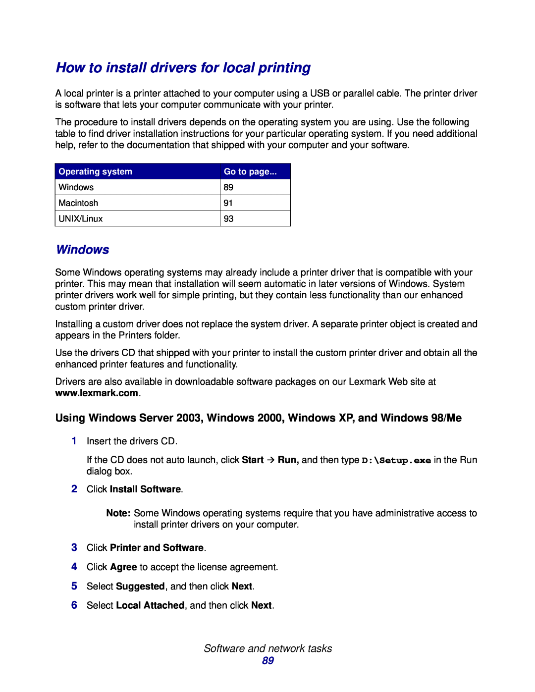 Lexmark 230, 232 How to install drivers for local printing, Windows, Software and network tasks, Click Install Software 