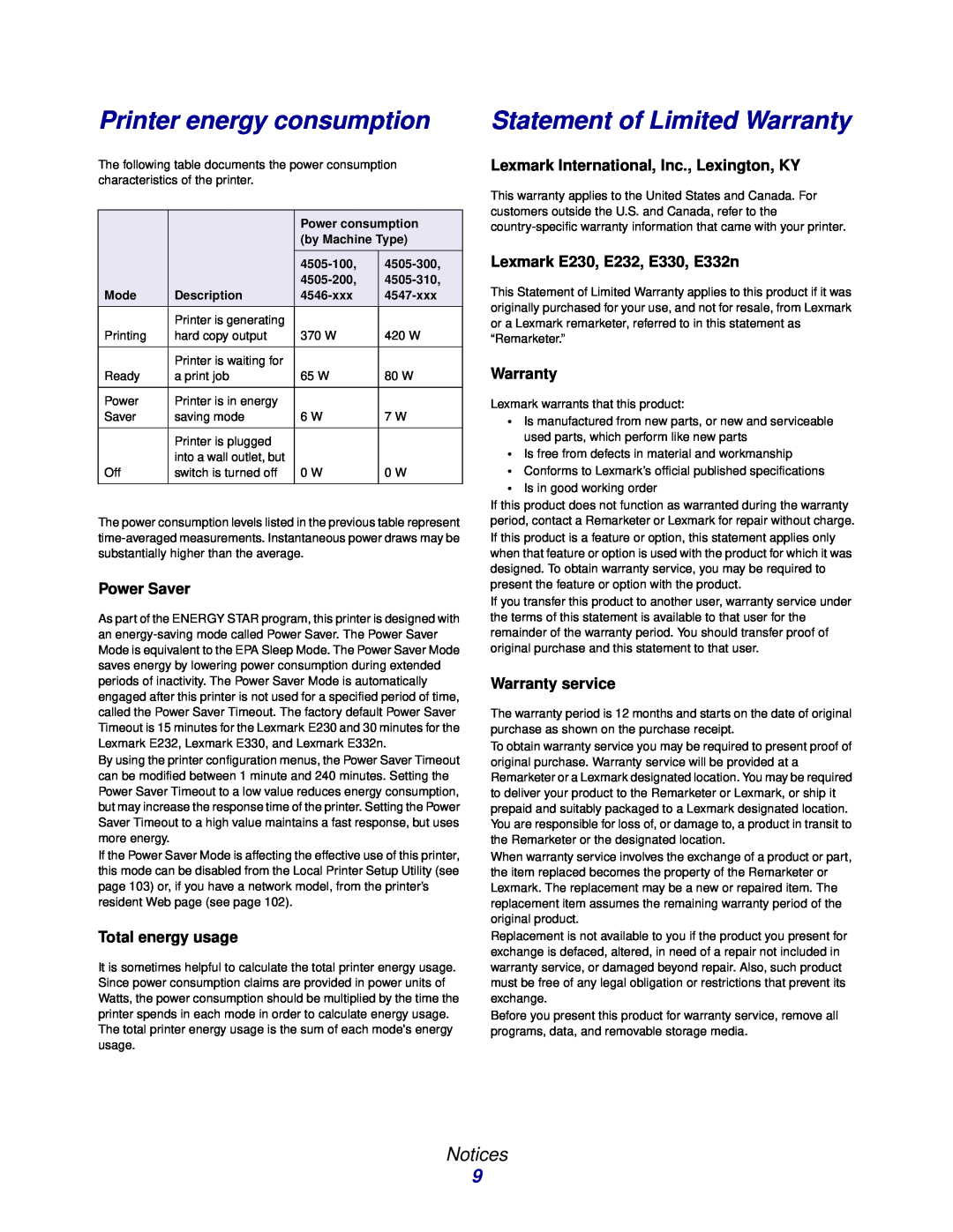 Lexmark 232 Printer energy consumption, Statement of Limited Warranty, Notices, Power Saver, Total energy usage, 4505-100 