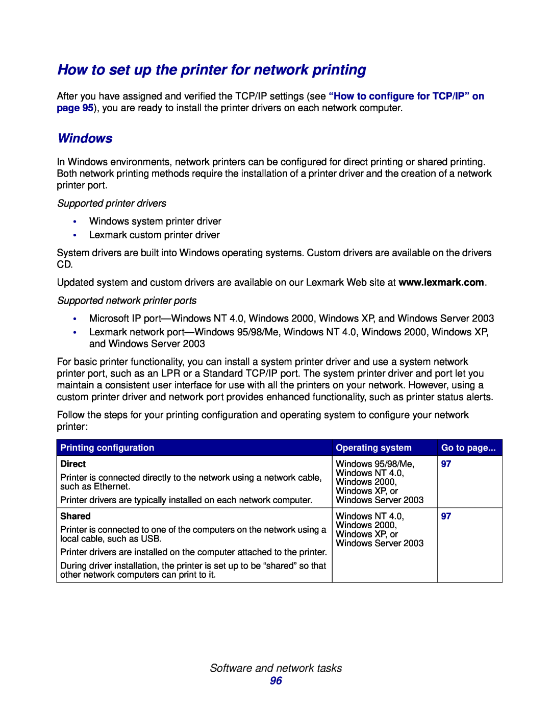 Lexmark 232 How to set up the printer for network printing, Windows, Software and network tasks, Supported printer drivers 