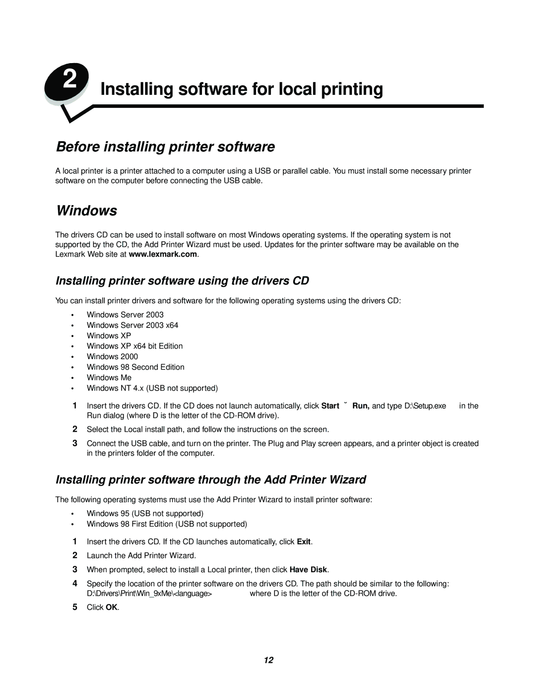 Lexmark 238 manual Installing software for local printing, Before installing printer software, Windows 