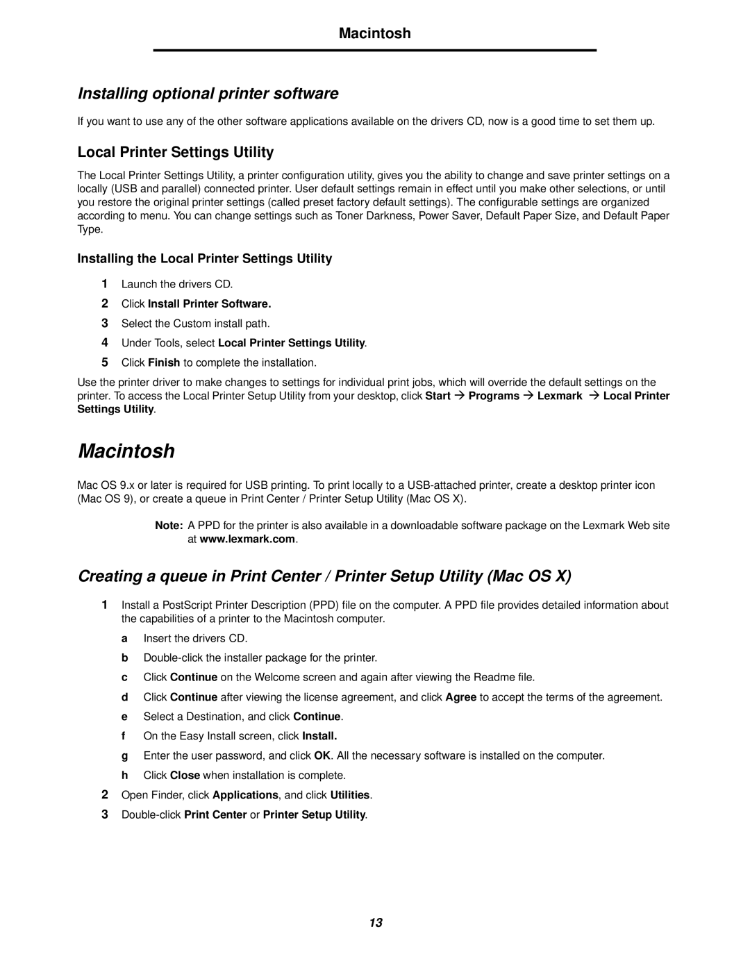 Lexmark 238 manual Macintosh, Installing optional printer software, Local Printer Settings Utility 