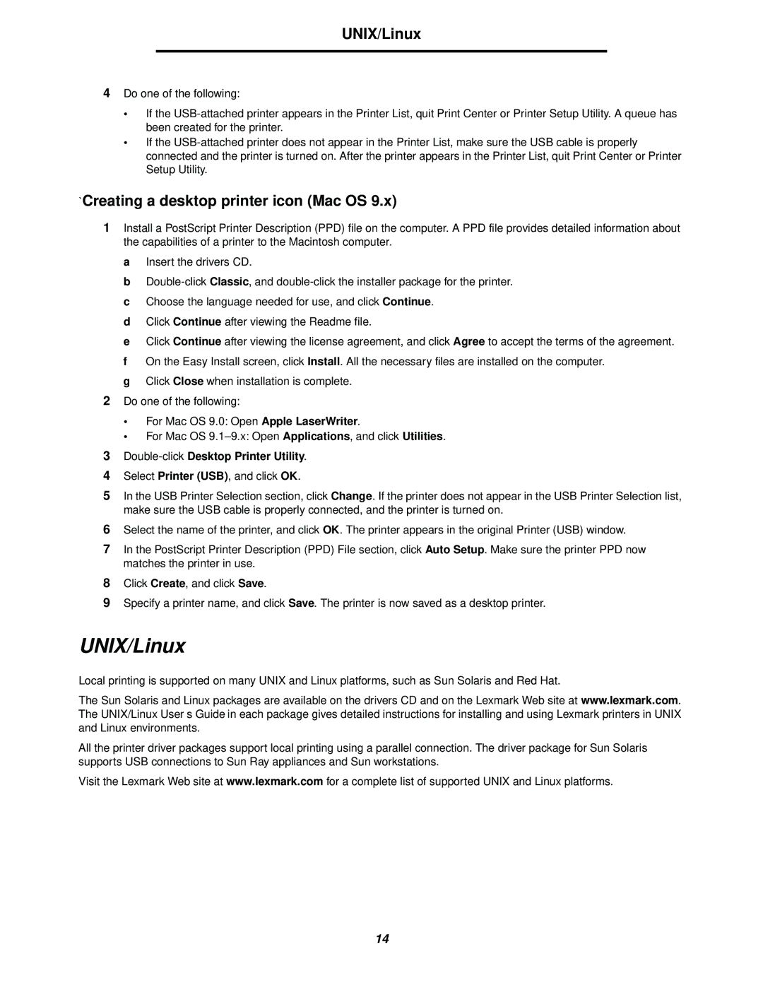 Lexmark 238 manual UNIX/Linux, `Creating a desktop printer icon Mac OS, For Mac OS 9.0 Open Apple LaserWriter 