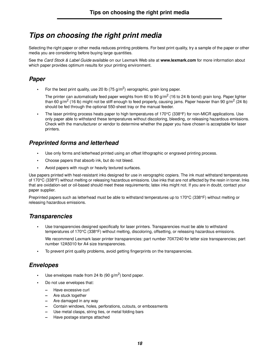 Lexmark 238 Tips on choosing the right print media, Paper, Preprinted forms and letterhead, Transparencies, Envelopes 