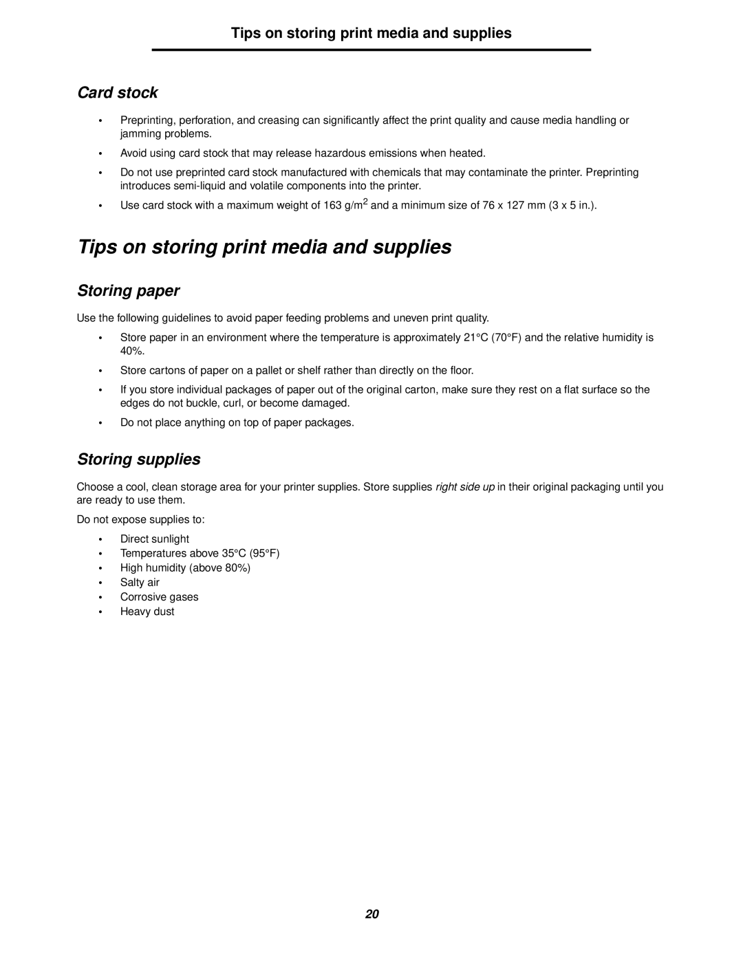 Lexmark 238 manual Tips on storing print media and supplies, Card stock, Storing paper, Storing supplies 