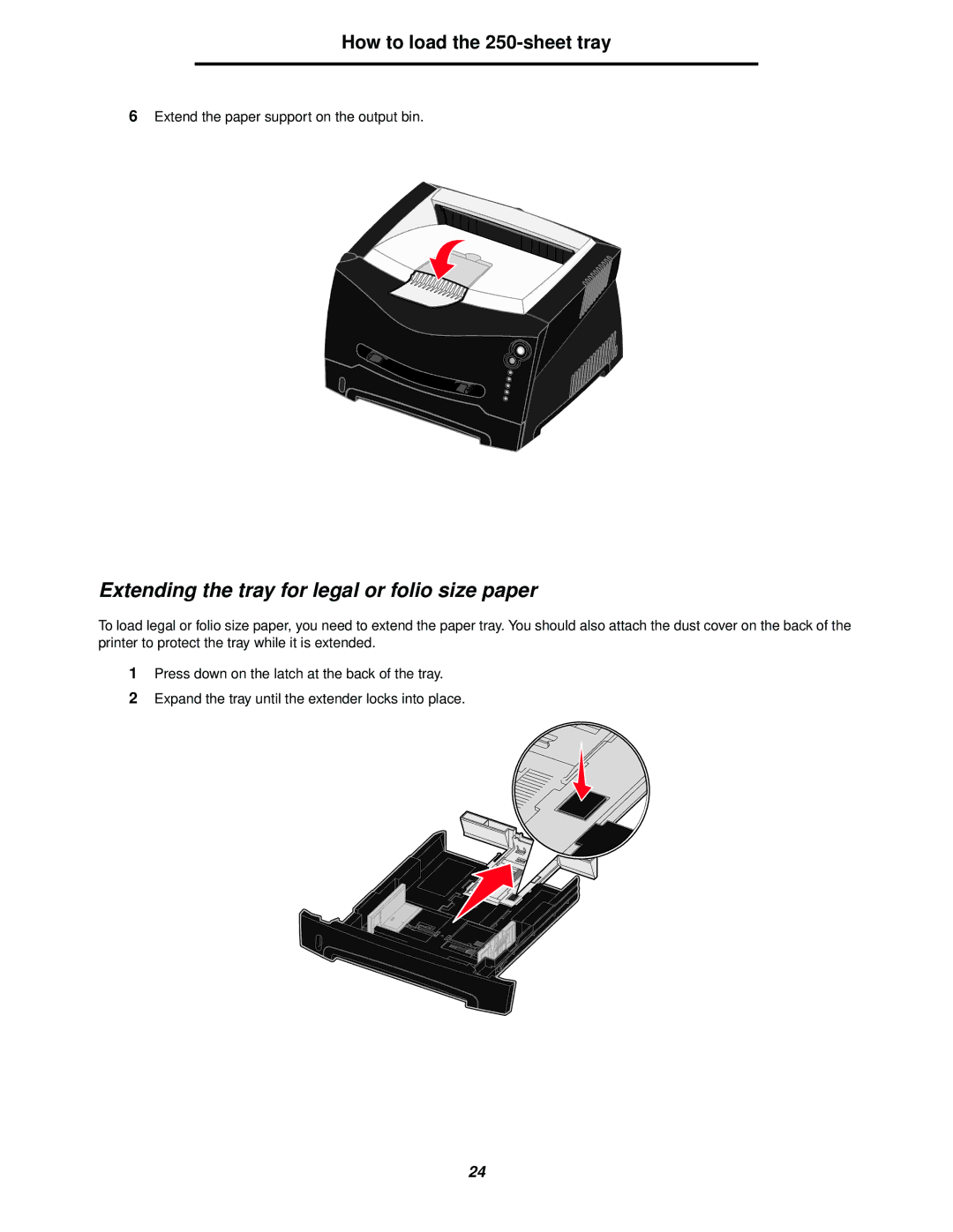 Lexmark 238 manual Extending the tray for legal or folio size paper 