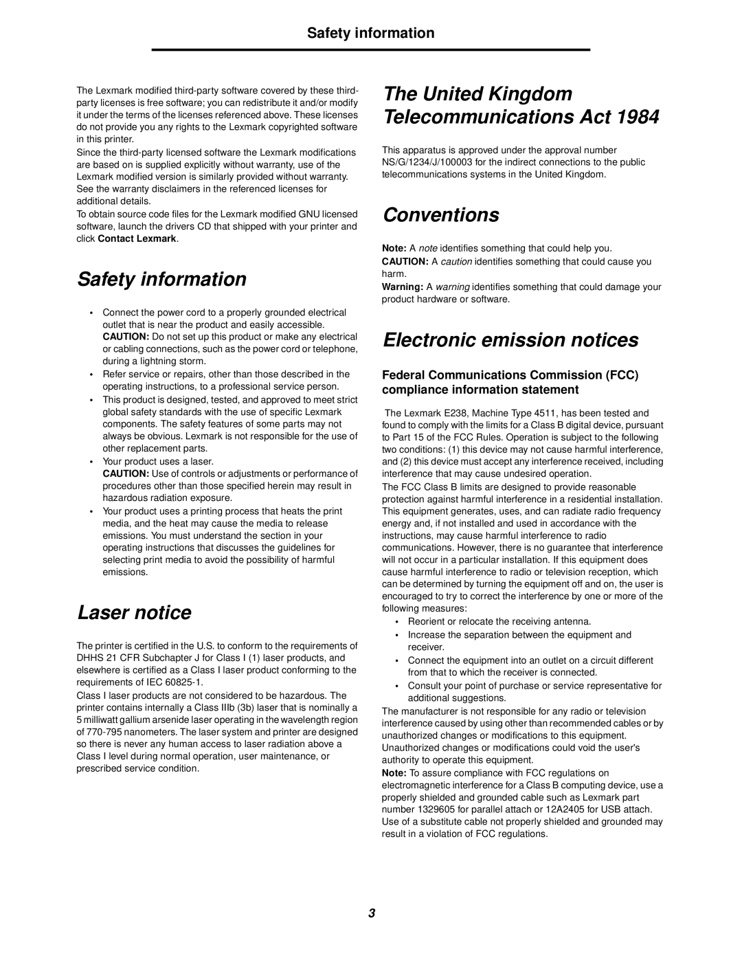 Lexmark 238 manual United Kingdom Telecommunications Act, Conventions Safety information, Laser notice 