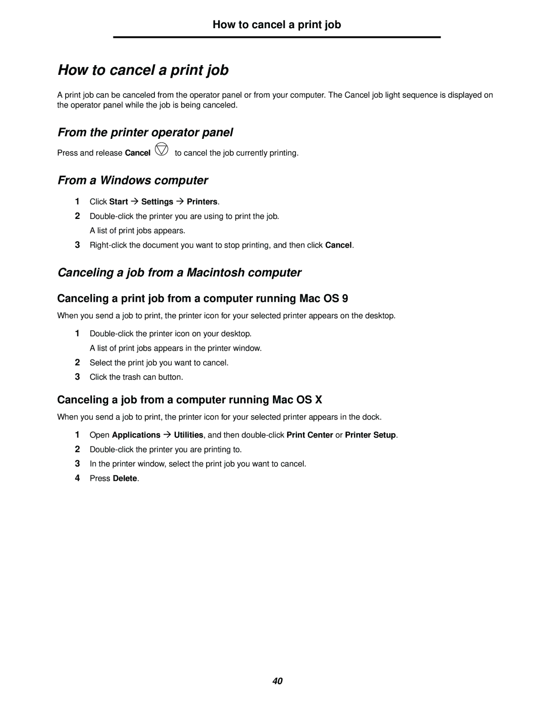 Lexmark 238 manual How to cancel a print job, From the printer operator panel, From a Windows computer 