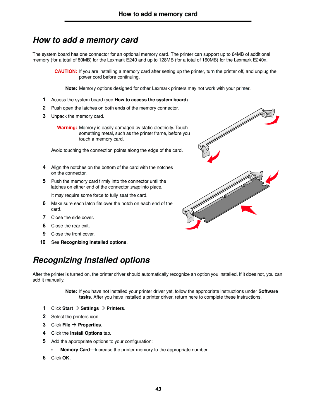 Lexmark 238 manual How to add a memory card, See Recognizing installed options 