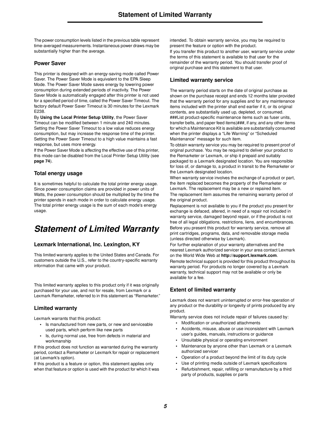 Lexmark 238 manual Statement of Limited Warranty 