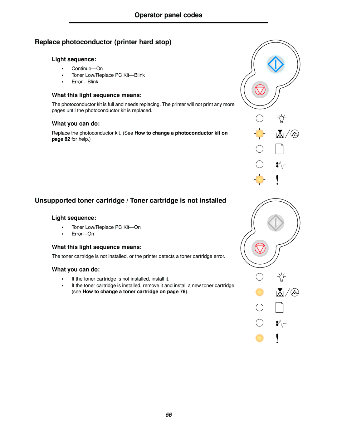 Lexmark 238 manual Continue-On Toner Low/Replace PC Kit-Blink Error-Blink 