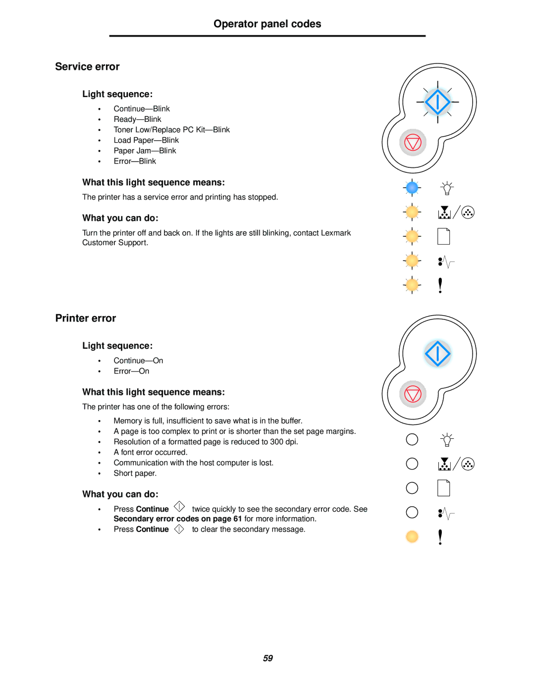 Lexmark 238 manual Operator panel codes Service error, Printer error, Press Continue 