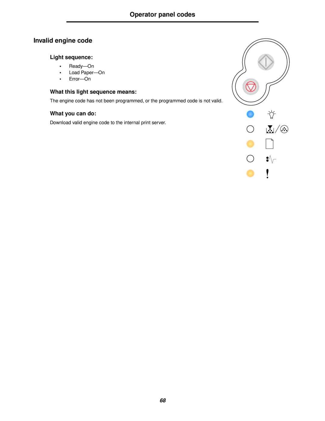 Lexmark 238 manual Operator panel codes Invalid engine code 