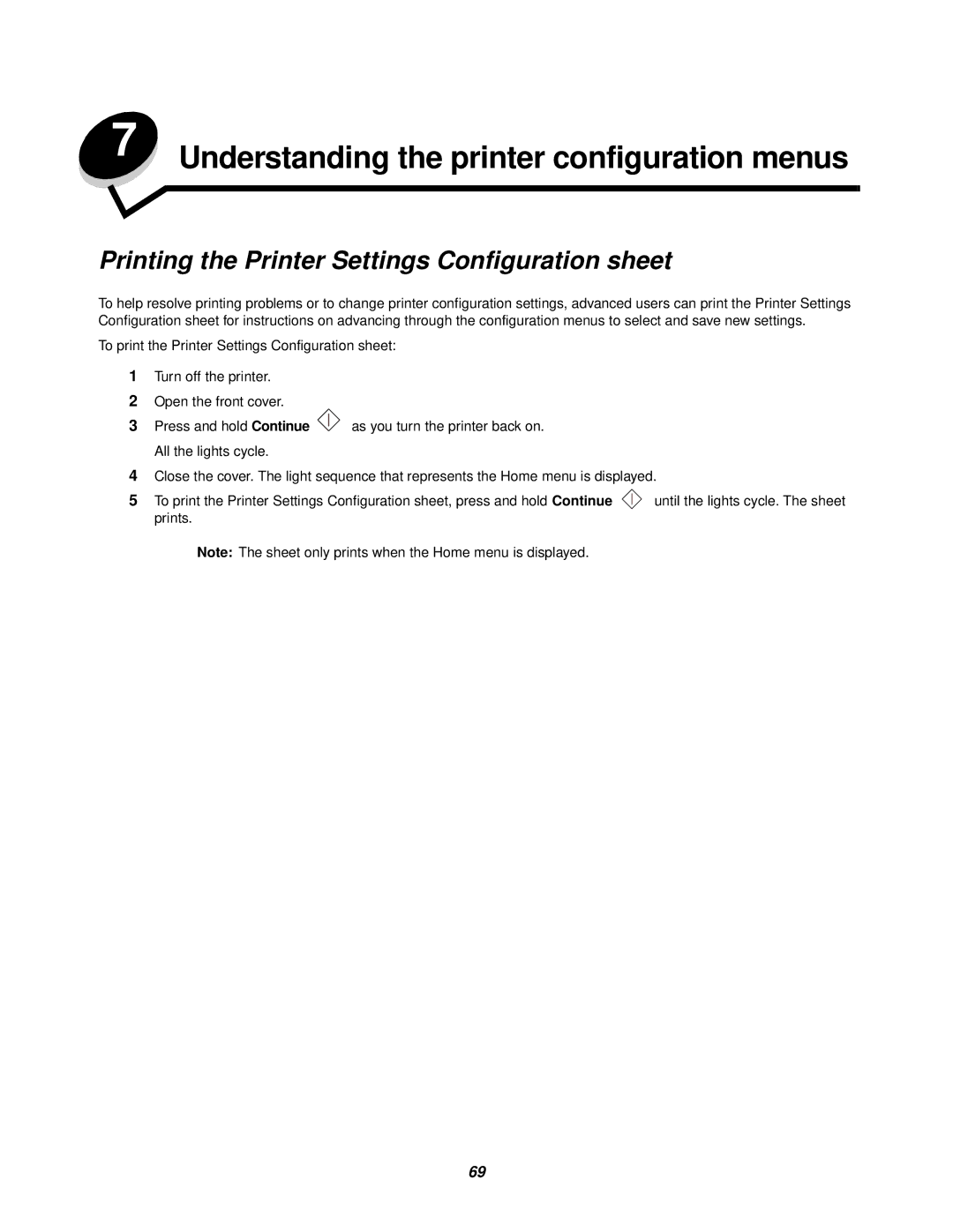 Lexmark 238 manual Understanding the printer configuration menus, Printing the Printer Settings Configuration sheet 